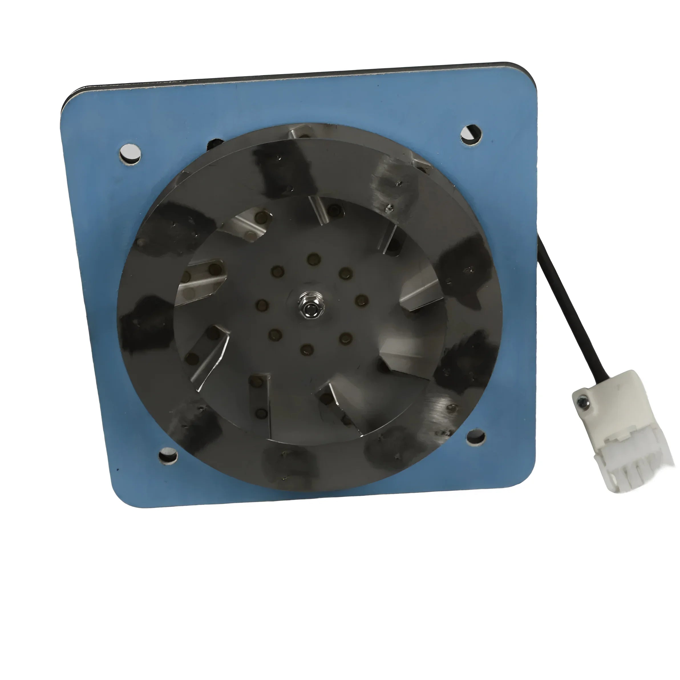 Blaue quadratische Platte mit Schwarzem Ventilator und Anschluss für Attack Wood Pellet Gebläse