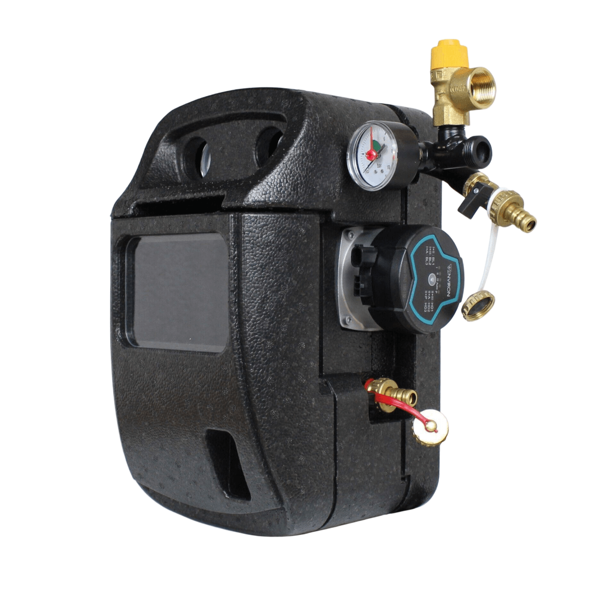 Schwarze isolierte Solarwasserpumpengruppe mit Messgeräten und Anschlüssen