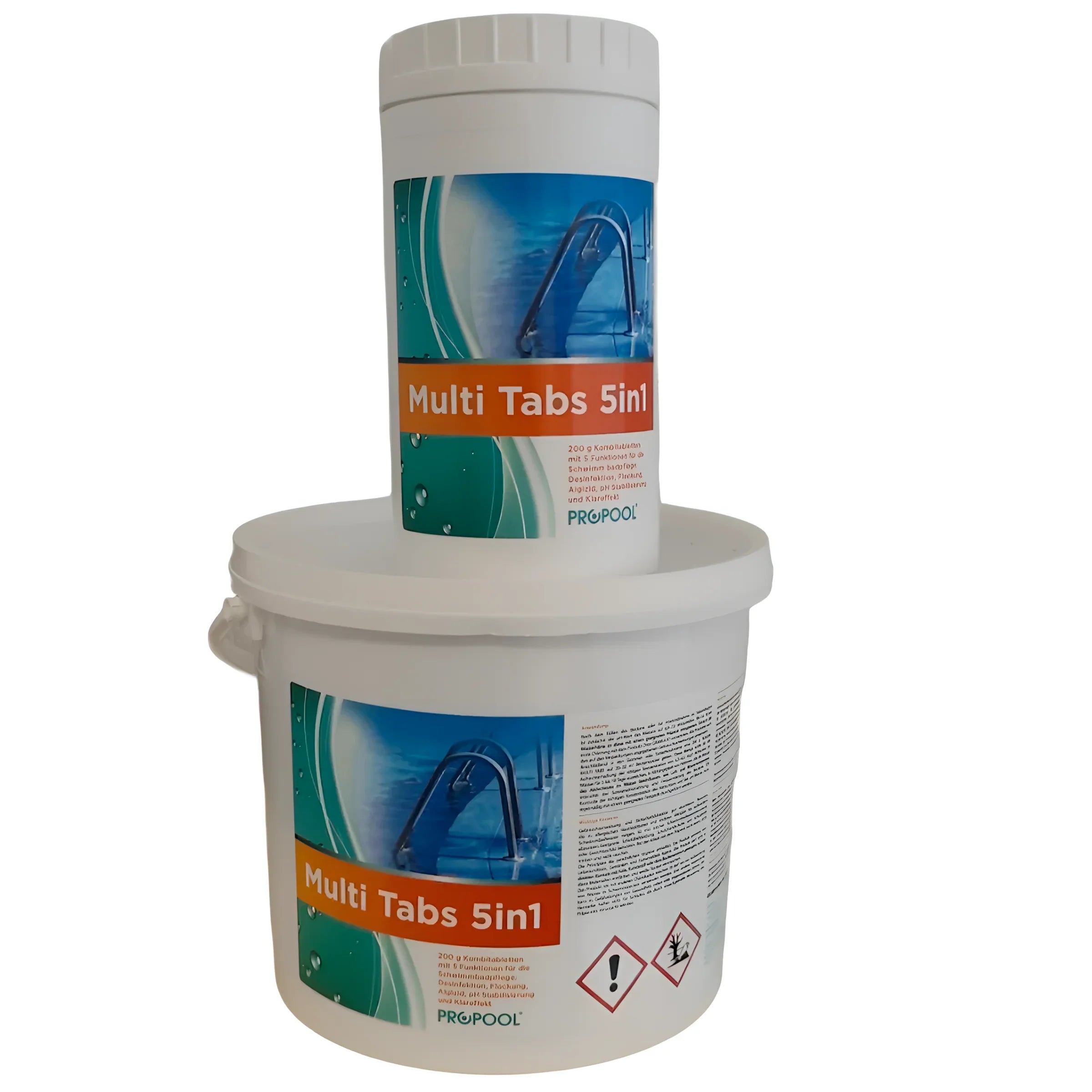 Weiße Poolchemikalien-Container für Multi Tabs 200g und Chlor Start in 5-Phasen Pflege
