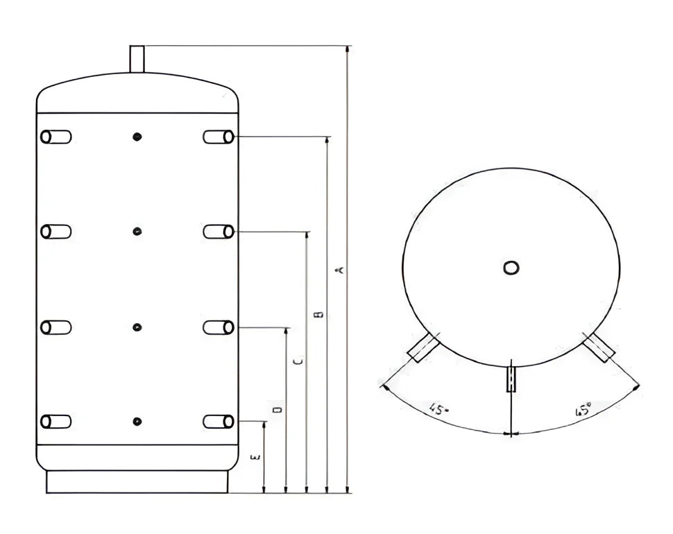 Technische Zeichnung eines Schichtspeichers ohne Wärmetauscher mit Maßen und Anschlüssen
