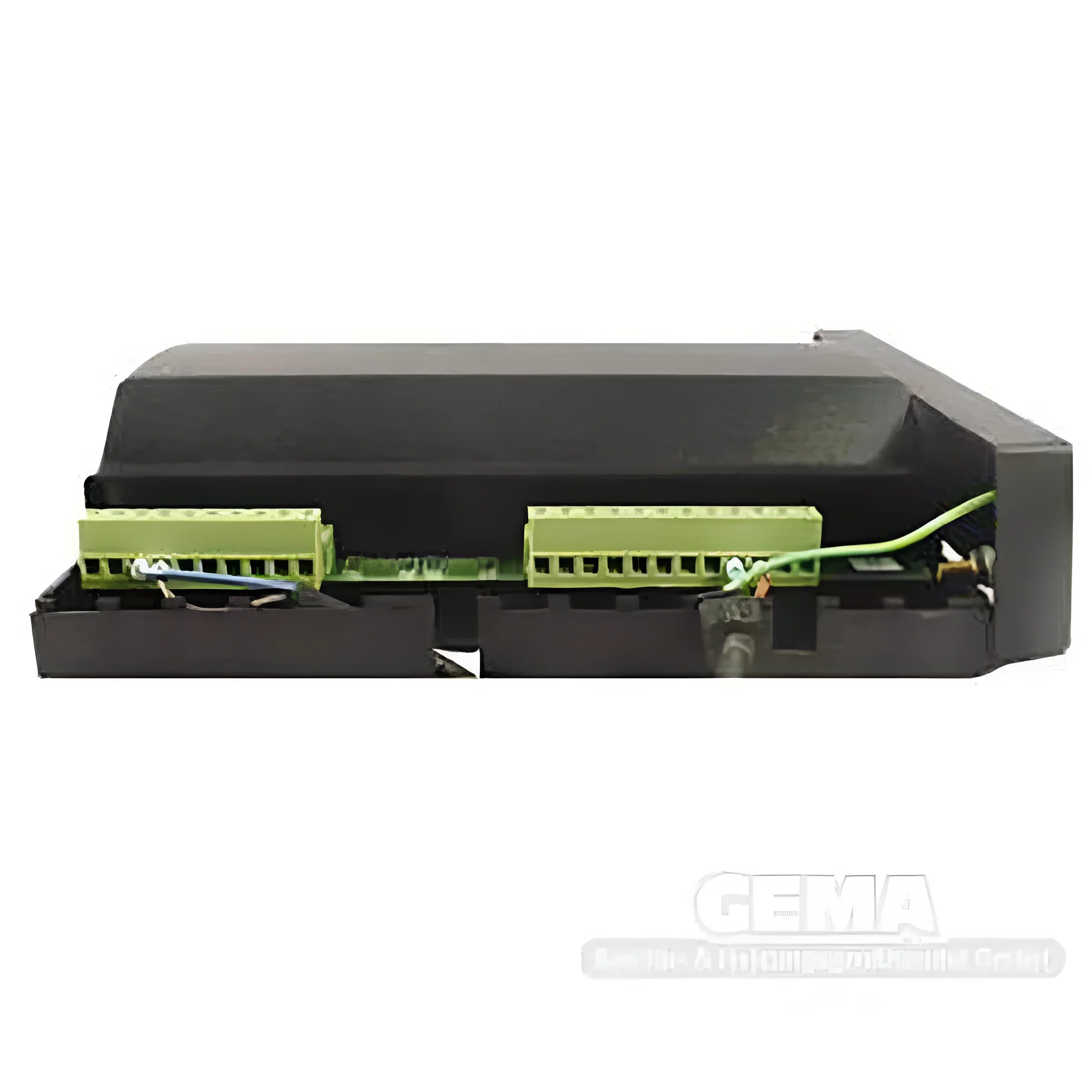 Schwarzer Elektrokontrollkasten mit grünen Klemmen für Kesselsteuerung Luxus Eko