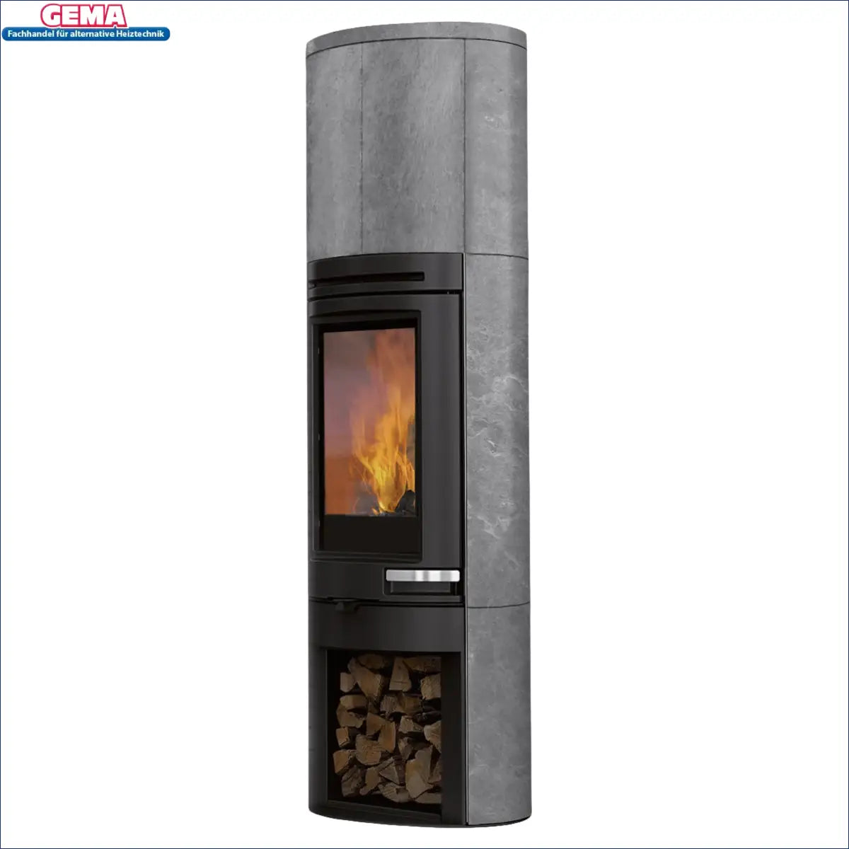 Grauer Steinstaubspeicherofen Edilkamin Tally S Evo mit sichtbaren Flammen und Holzlager