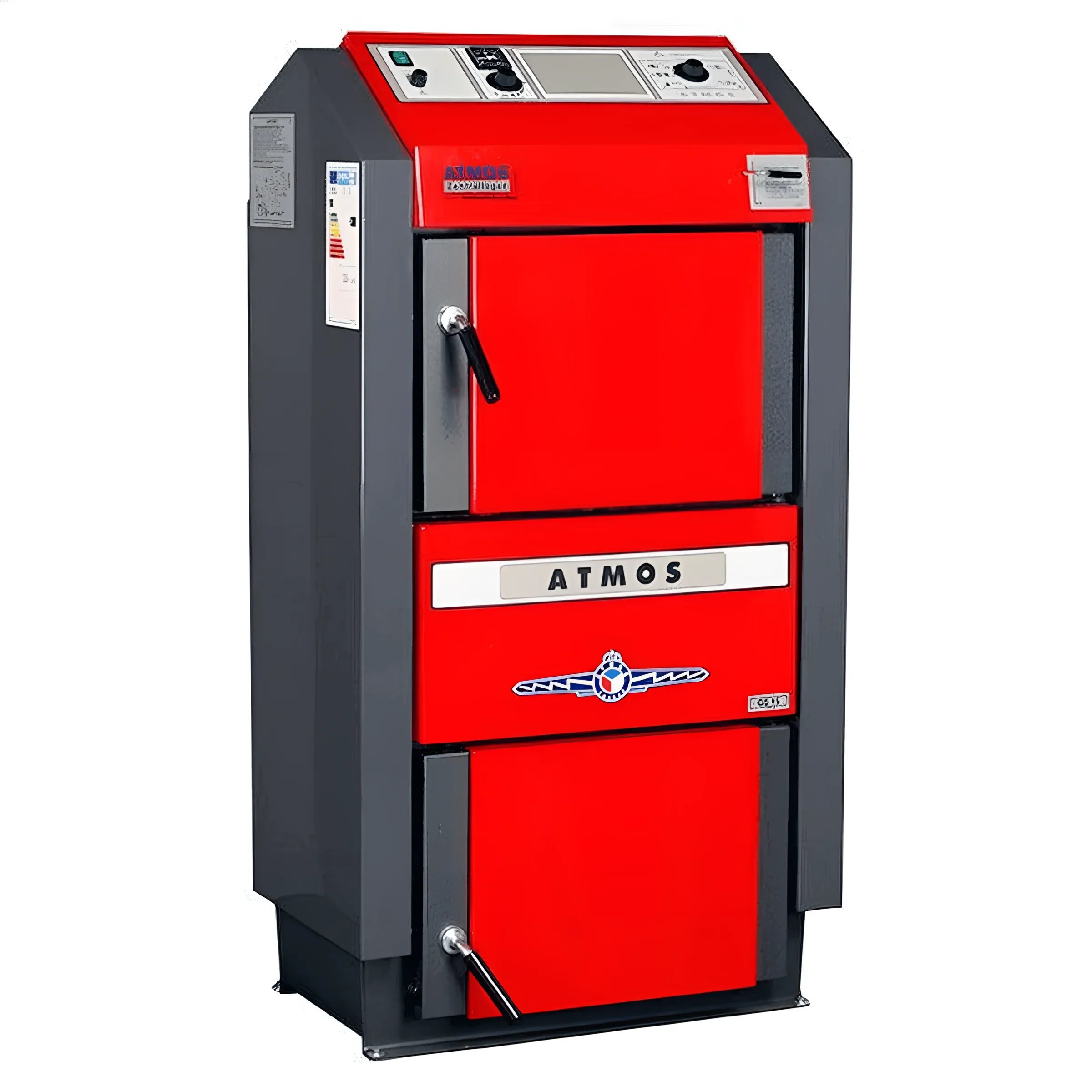 Heizkessel Holz Atmos GS 🔥 effizienter Holzvergaser mit max. 87,1% Wirkungsgrad. Kompakte Bauweise, auffällige rote Farbe.