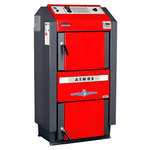 Heizkessel Holz Atmos GS 🔥 effizienter Holzvergaser mit max. 87,1% Wirkungsgrad. Kompakte Bauweise, auffällige rote Farbe.