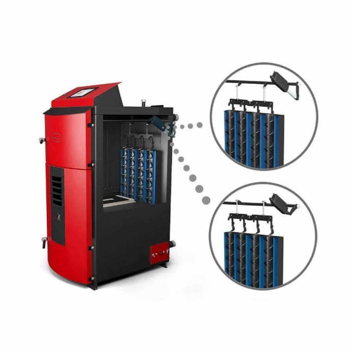 Bild eines roten und schwarzen Pelletkessels mit internen Komponenten für den Attack SLX Kombikessel 35 kW
