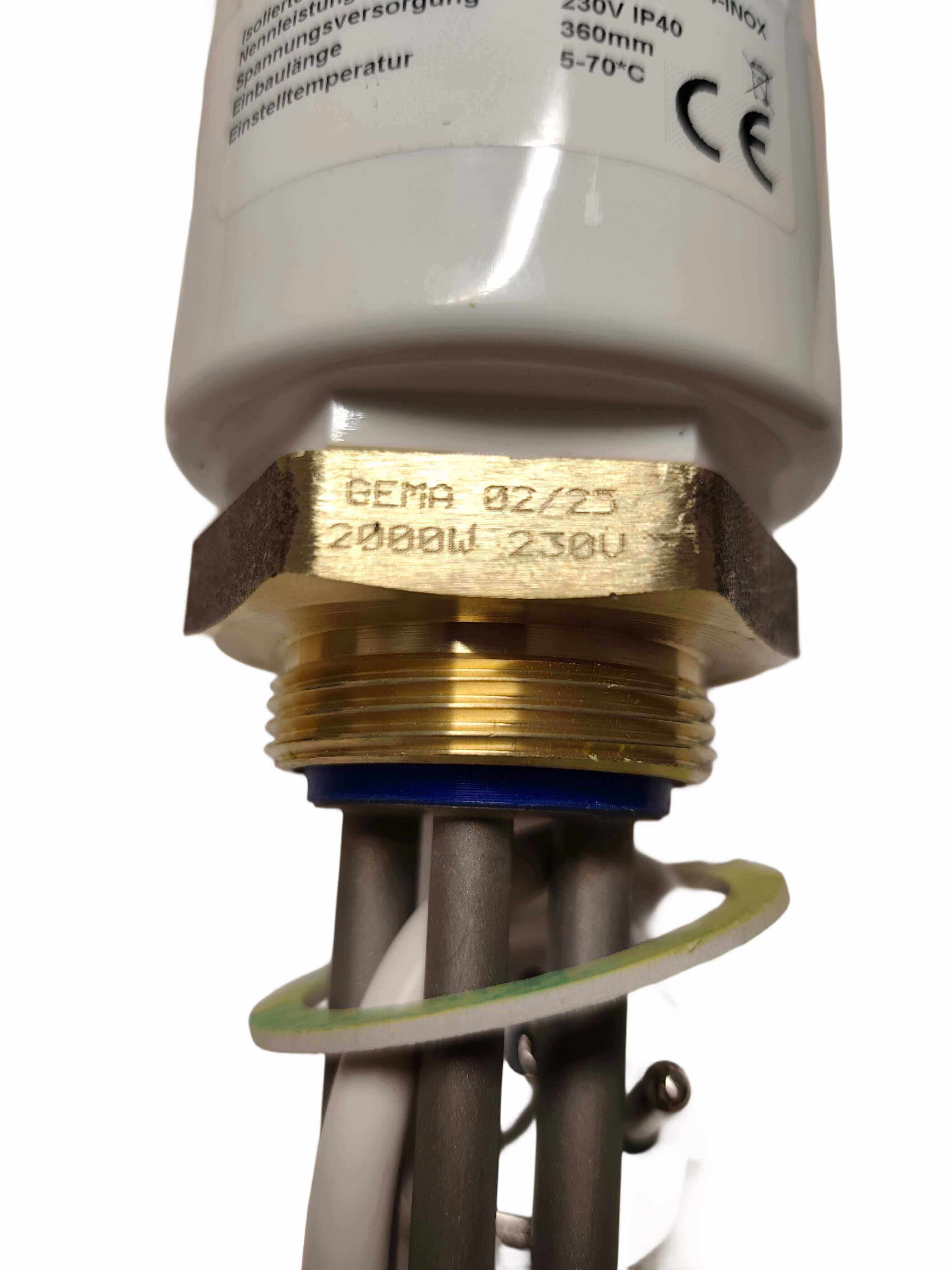 Heizstab für Warmwasserspeicher 2000W, mit Schraubanschluss und technischen Details. 🔥🚰