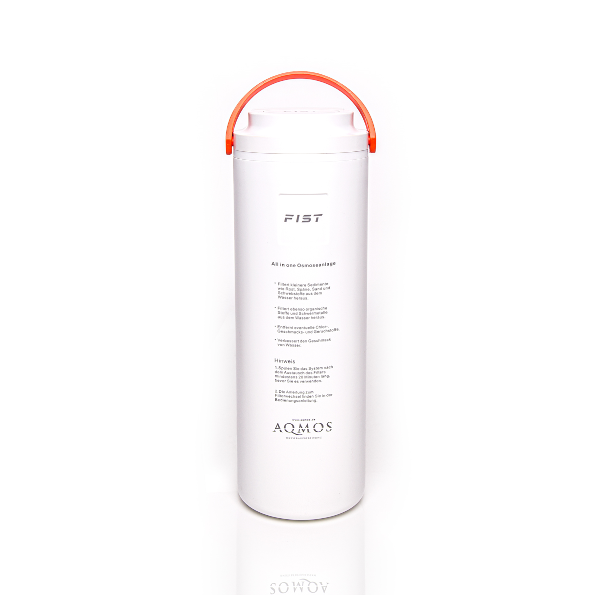 Weißer Wasserfilter mit orangefarbenem Griff für Aqmos All in One Osmoseanlage Piu Pura-600