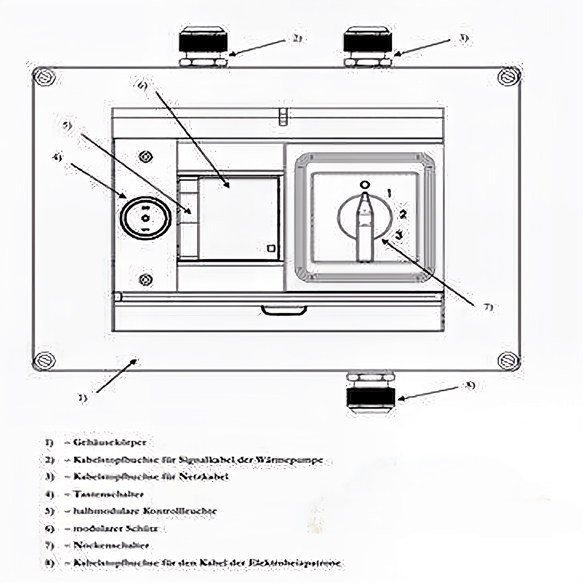 Diagramm mit Anschlüssen und Schaltern für eine Heizpatrone, inklusive Warn- und Steueranschlüsse ⚡🔌.