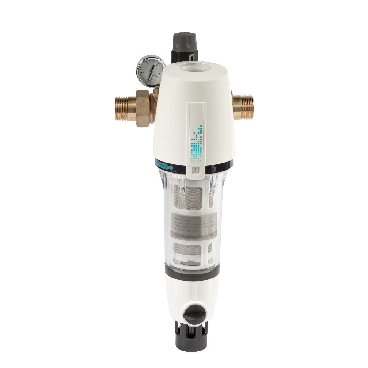 Rückspülfilter 1" AQMOS mit 🧊 Druckminderer und 📏 Manometer für optimale Wasserfiltration.