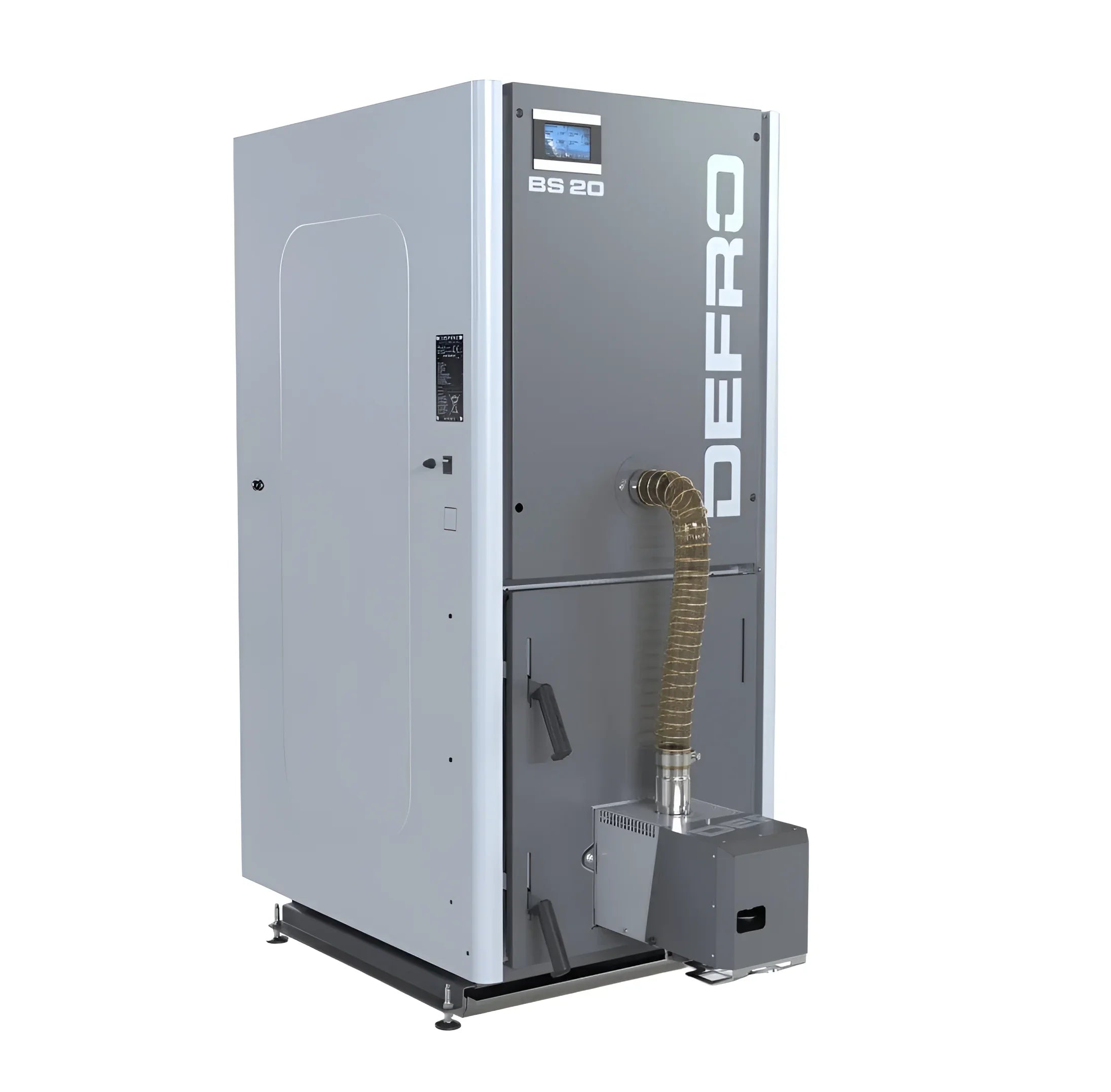 Bild des Gray und White Defro BS 20 Boilers, ein kompakter Pelletkessel für kleine Aufstellräume