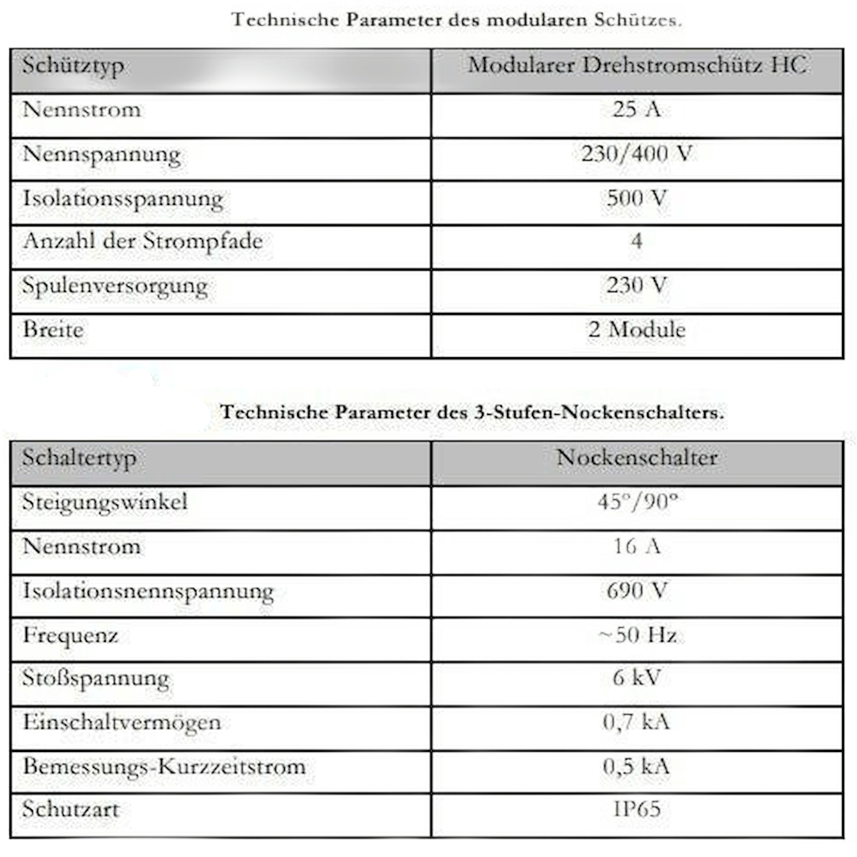 Technische Parameter des mod. Drehstromschutz HC und 3-Stufen Nockenschalter mit wichtigen Spezifikationen.