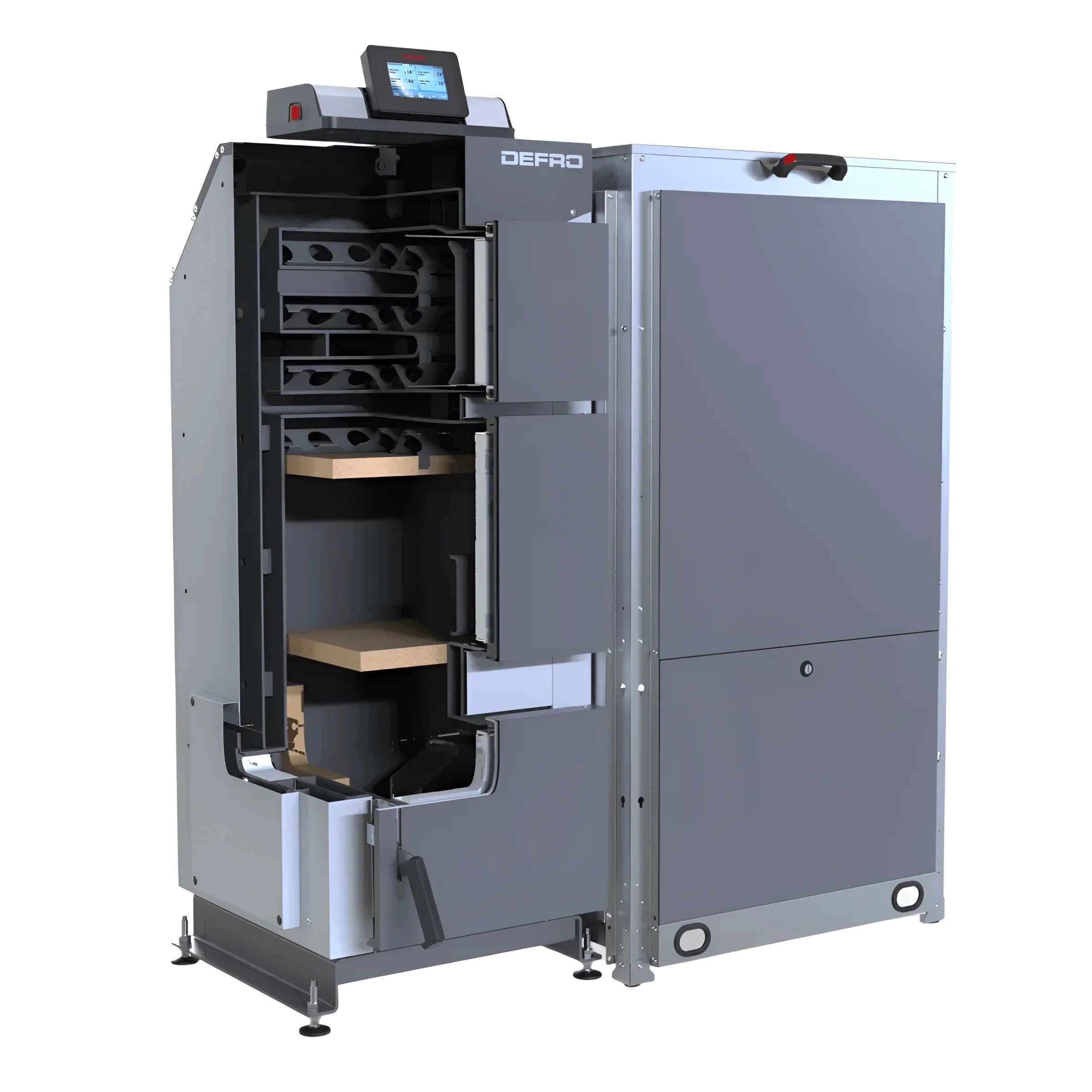 Grauer und silberner Holzofen mit Digitalanzeige für den Kombikessel Defro Komfort EKopell 25 kW