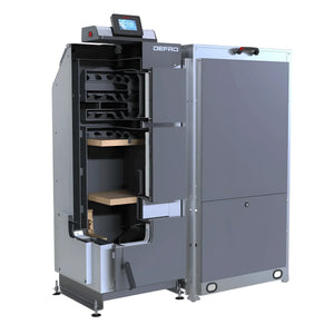 Grauer und silberner Holzofen mit Digitalanzeige für den Kombikessel Defro Komfort EKopell 25 kW