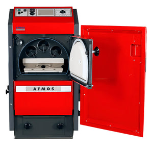 Pelletkessel Atmos P25 mit 🔥Scheitholzfunktion und digitalem Steuerungsdisplay. Ideal für effiziente Heizung!