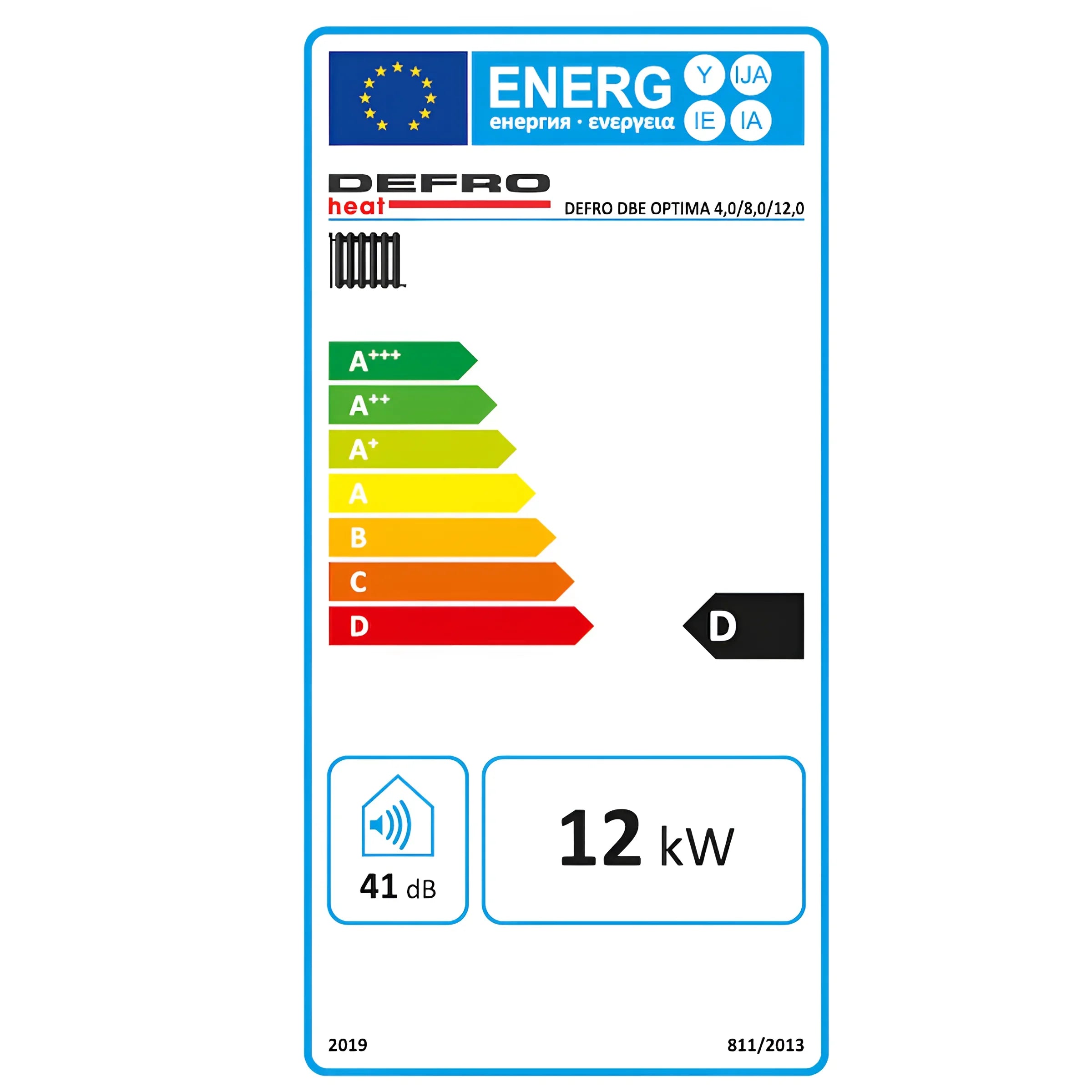 Energieeffizienzlabel für Defro Elektroheizung, zeigt 12 kW & Geräuschpegel von 41 dB, 🔋 effizient und umweltfreundlich.