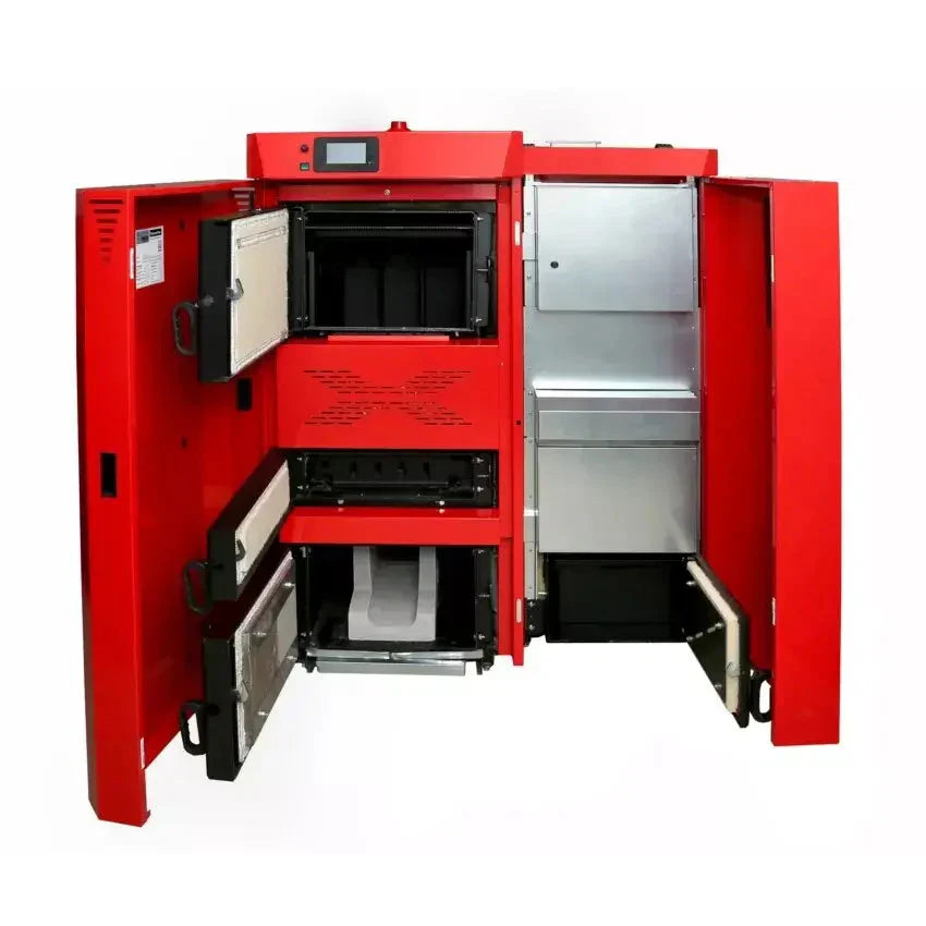 Offener roter Kessel bei Thermoflux PID Logic Kombi 45 kW – Holz- & Pelletheizung