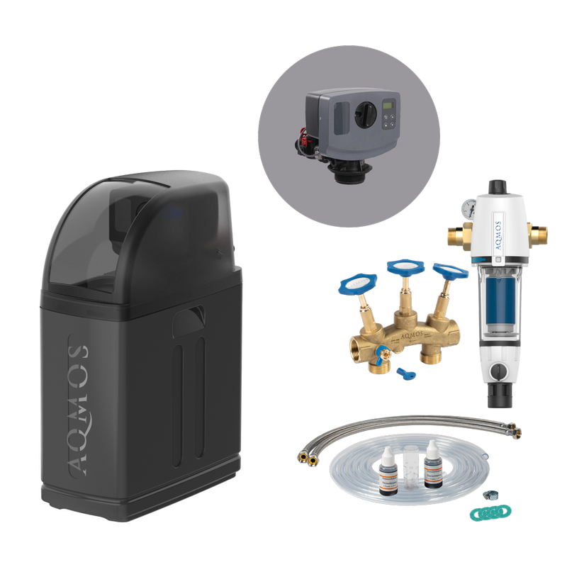 Σύστημα αποσκλήρυνσης νερού Aqmos R2D2-32 BLACK EDITION με φίλτρο αντίστροφης πλύσης, σετ σύνδεσης και μπλοκ τοποθέτησης