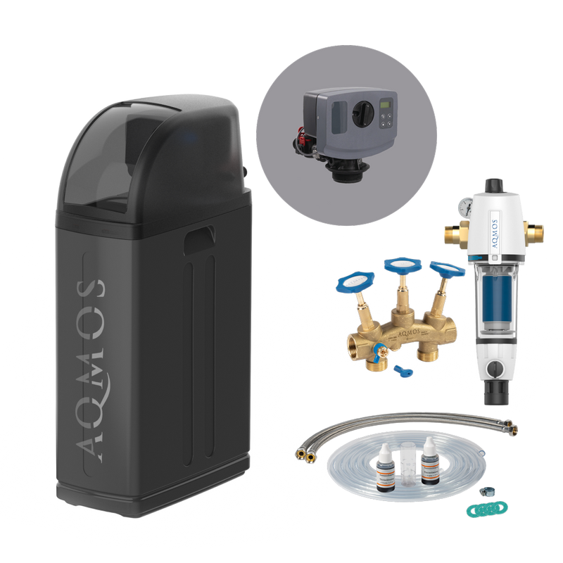 Σύστημα αποσκλήρυνσης νερού AQMOS R2D2-48 Black Edition Σετ με φίλτρο αντίστροφης πλύσης, σετ σύνδεσης και μπλοκ τοποθέτησης