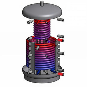 Ansicht eines Hygienespeicher mit 2 Wärmetauschern und interner Coiling-Technologie
