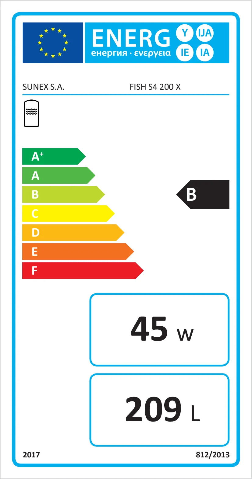 Energieetikett für Brauchwasserspeicher Sunex Fish S4 X mit Effizienzklasse B, 45W, 209L