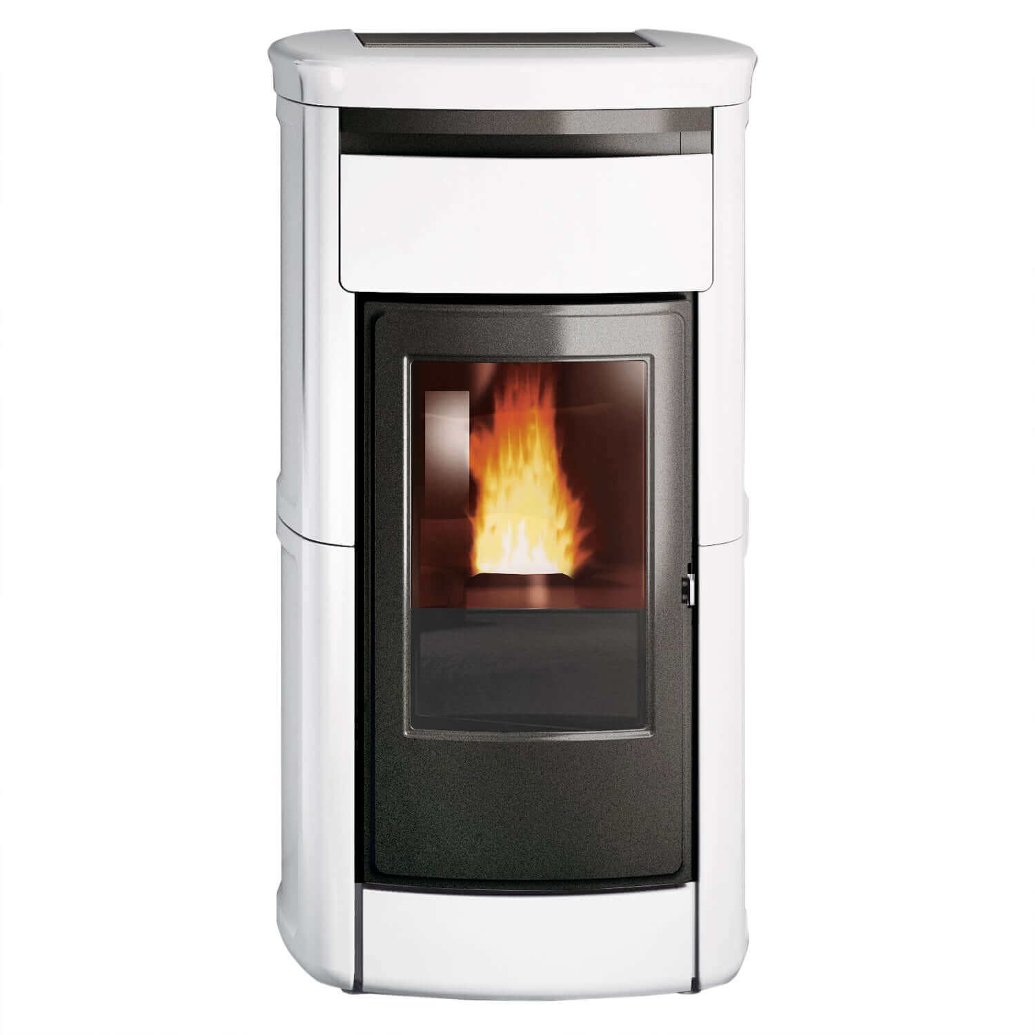 Wasserführender Pelletofen Edilkamin Kira2 H 18 Up 🔥 mit elegantem Keramikdesign für effiziente Wärme in Ihrem Wohnraum.