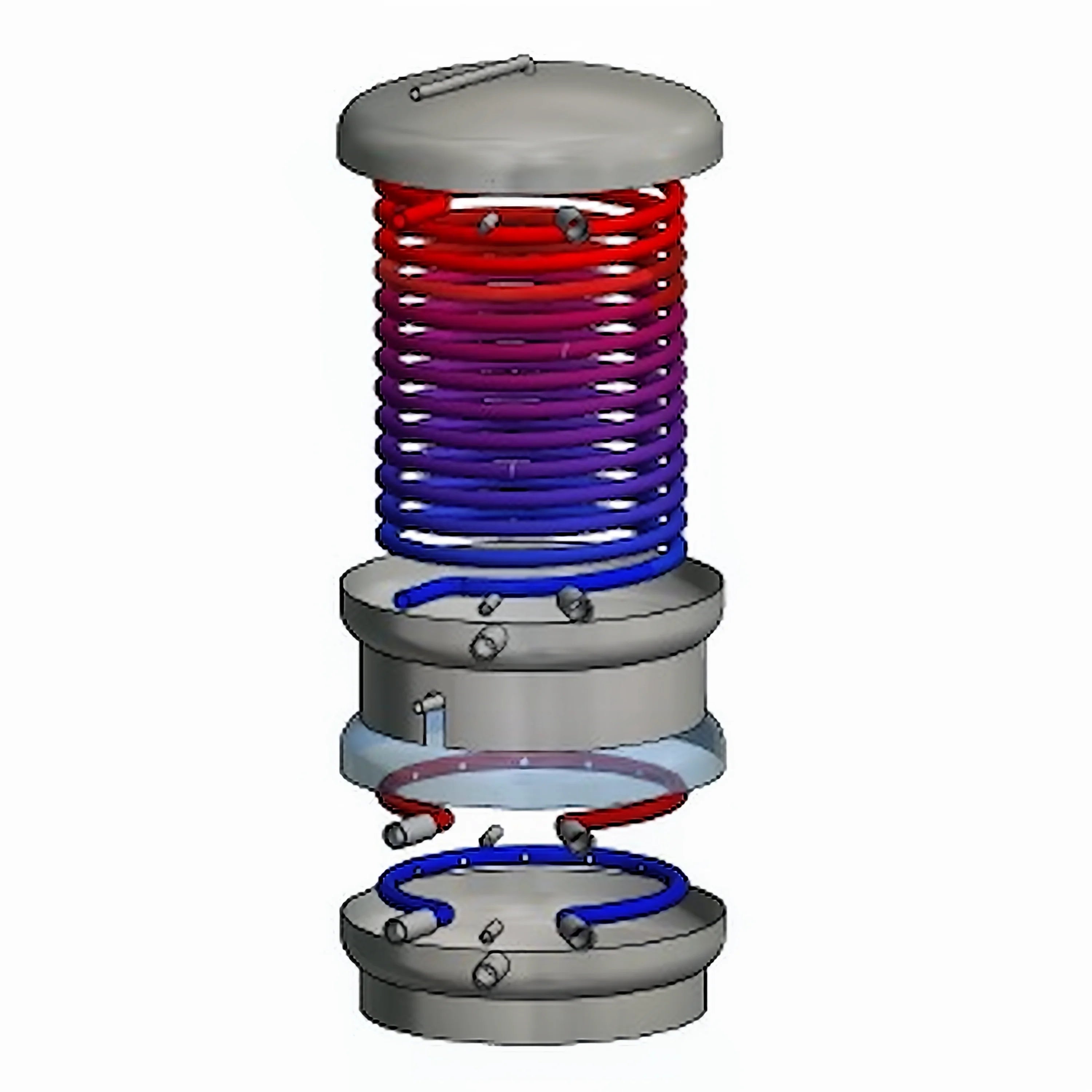 Explodierte Ansicht eines Wärmepumpen-Kombispeichers mit helical coil, reduziert wärmeverluste