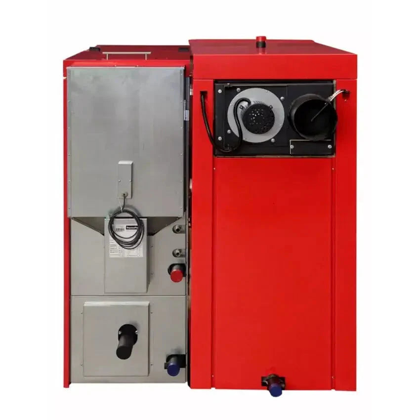 Roter und grauer Festbrennstoffkessel im Produkt Thermoflux PID Logic Kombi 45 kW