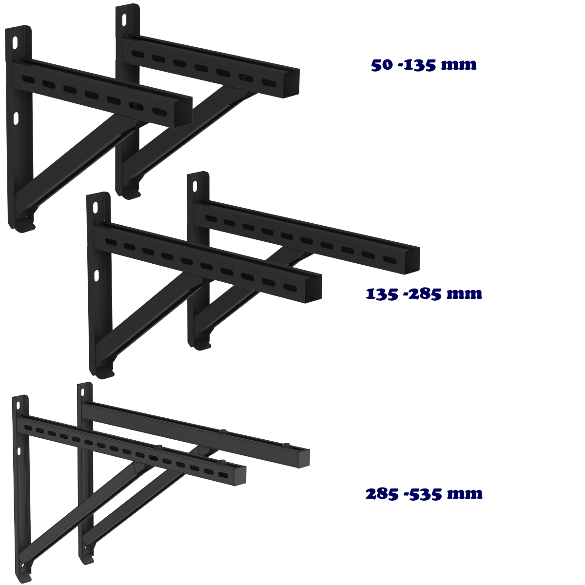 Vielseitige Wandhalterungen in Schwarz: Größen 50-135mm, 135-285mm, 285-535mm für maximale Anpassungsfähigkeit.