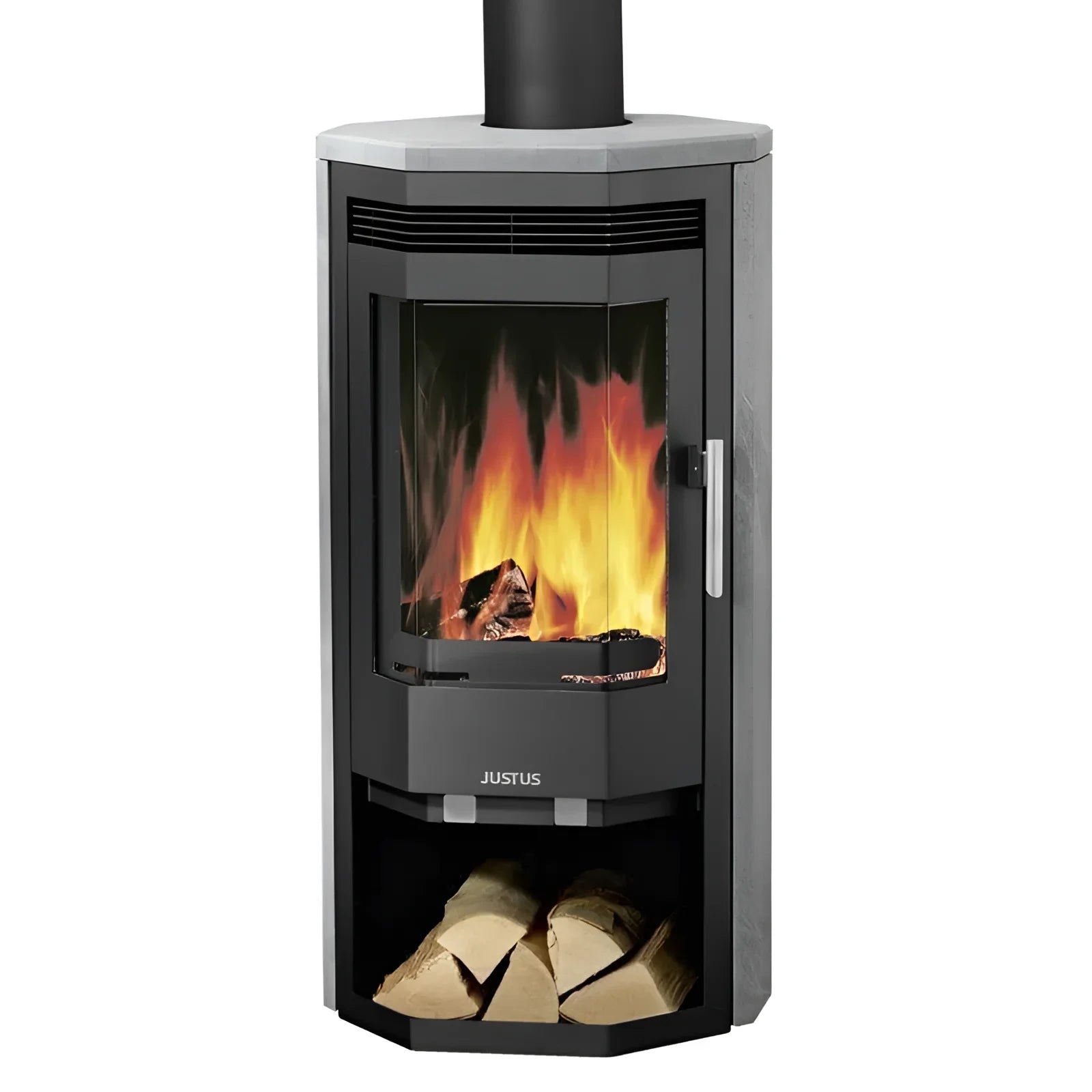 Burning wood stove with storage for Justus Usedom featuring externe Zuluft and 1px solid design