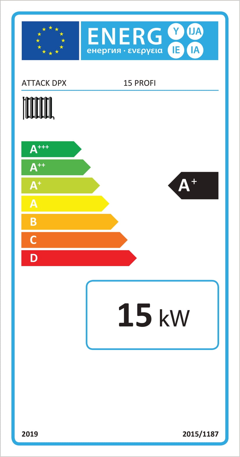 Energieeffizienzlabel für Holzvergaserkessel ATTACK DPX 15 kW mit hervorragender A+ Bewertung 🌍🔥