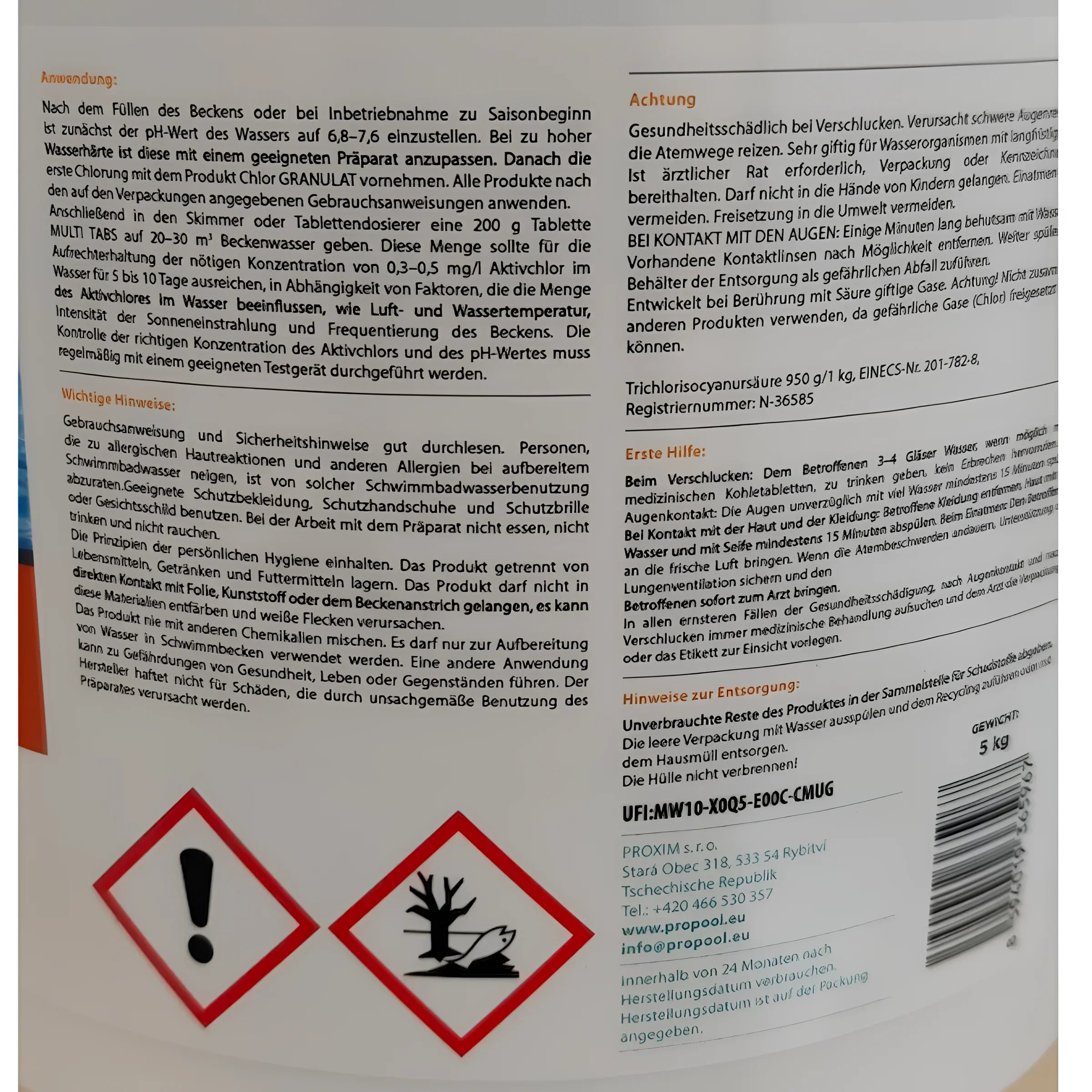 Pool Chlorproduktlabel für Chlortabletten 5 in 1 mit Multi Tabs 200g und Chlor Start