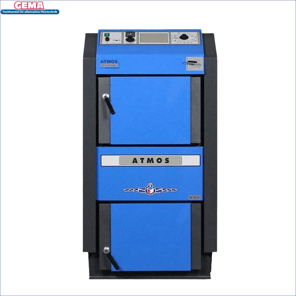 Blaue und graue Atmos Holzvergaserkessel Atmos DC18GSE im Komplettpaket mit Pufferspeicher