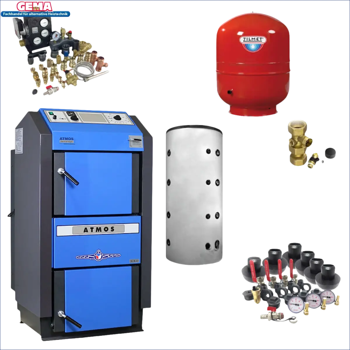 Blaue und graue Atmos Holzvergaserkessel im Komplettpaket Atmos DC18GSE mit Pufferspeicher