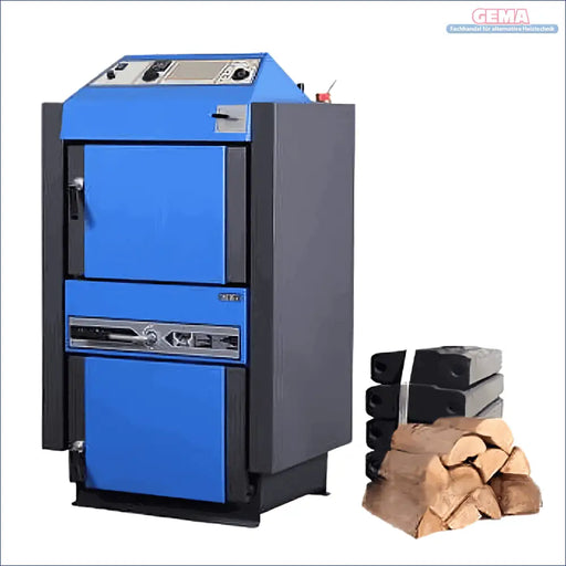 Blaue und graue Holzvergaserheizung für Kohle und Scheitholz im Produkt Atmos KC25S