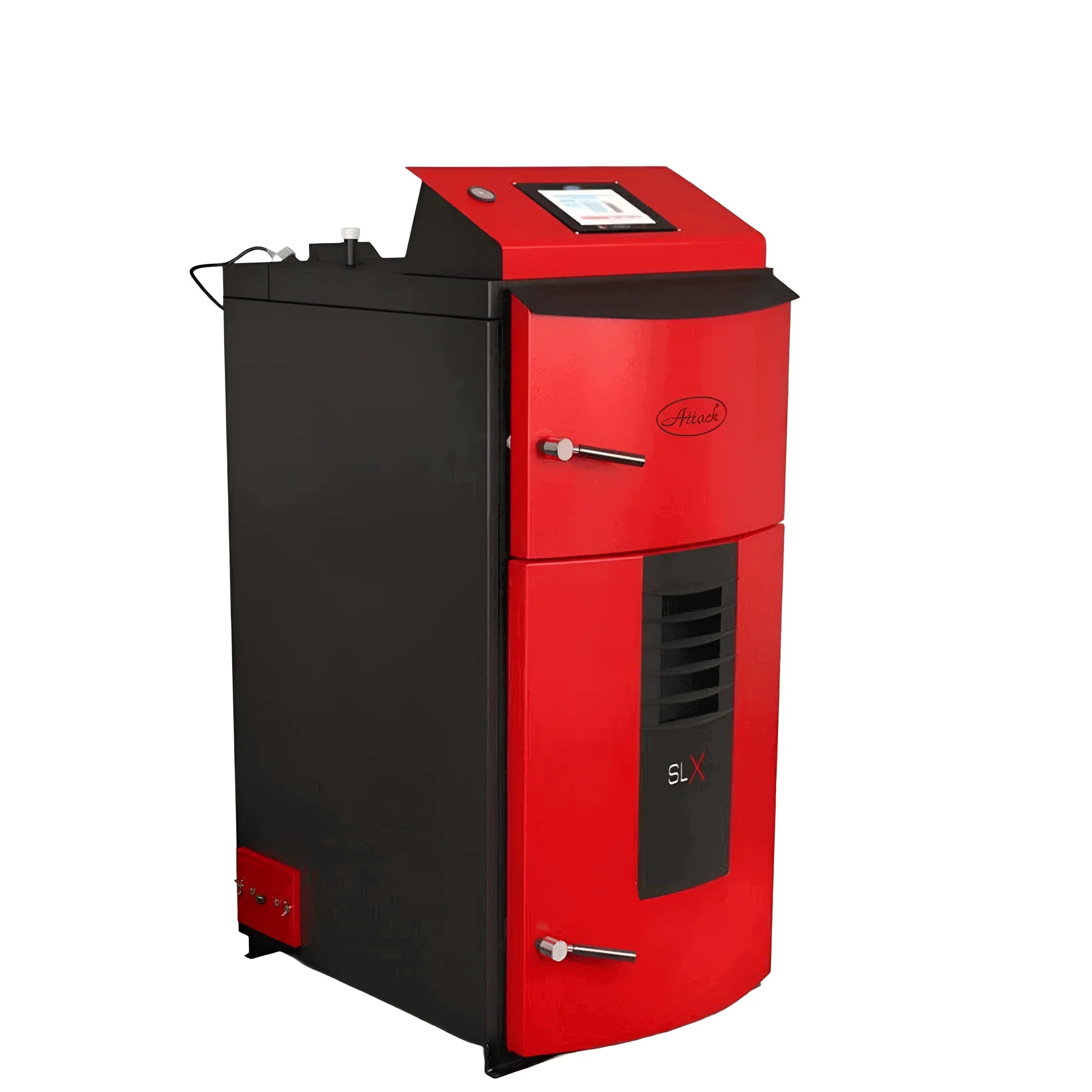 Rotes und schwarzes Heizsystem mit moderner Steuerung im Holzvergaser Attack SLX Lambda
