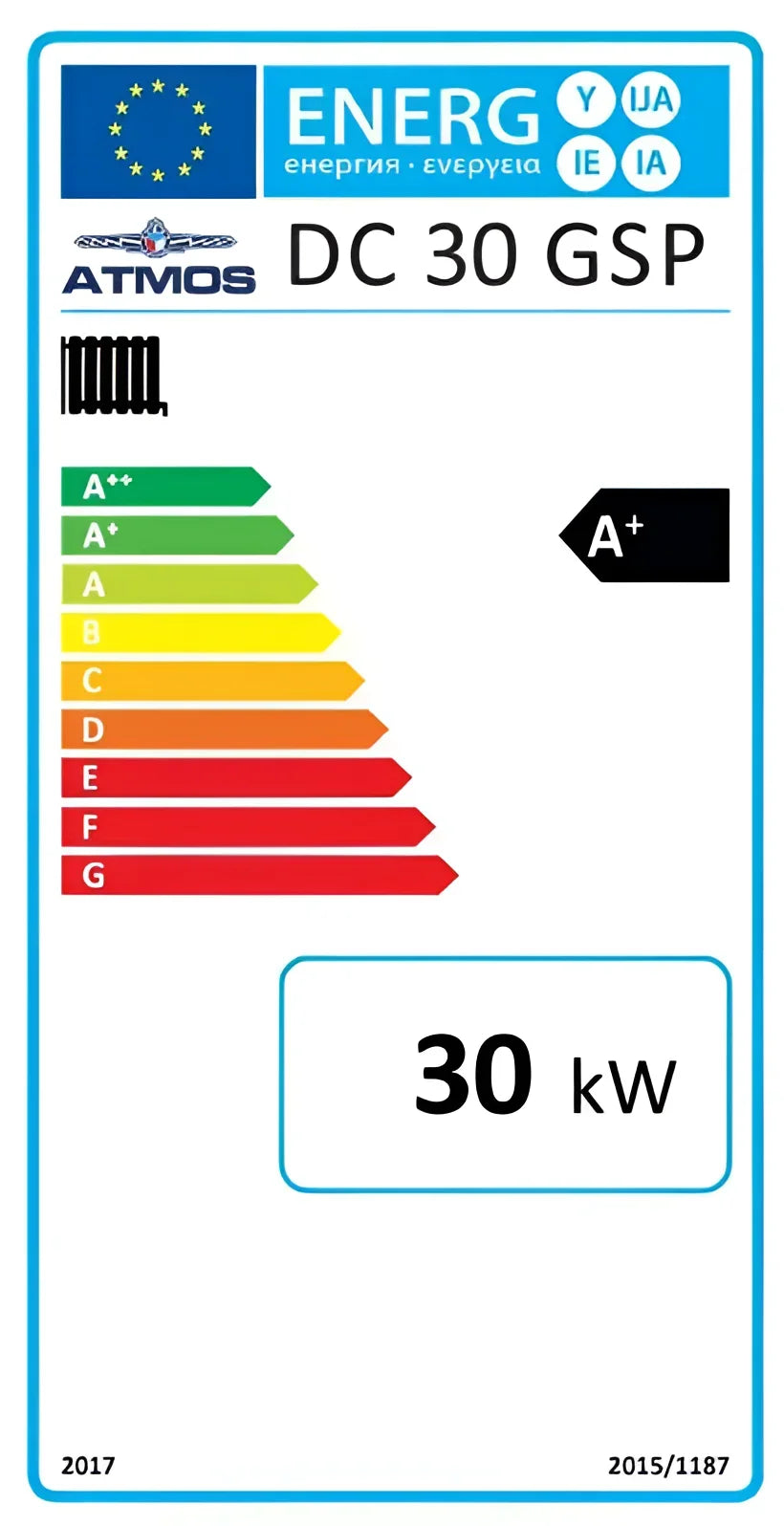 Energieeffizienzlabel für Kombikessel Atmos DC GSP mit A+ Bewertung und 30 kW Leistung