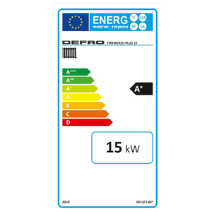 Energy label for Defro Firewood Plus 15 kW, showing A+ efficiency rating and eco-friendly 🌱 features.