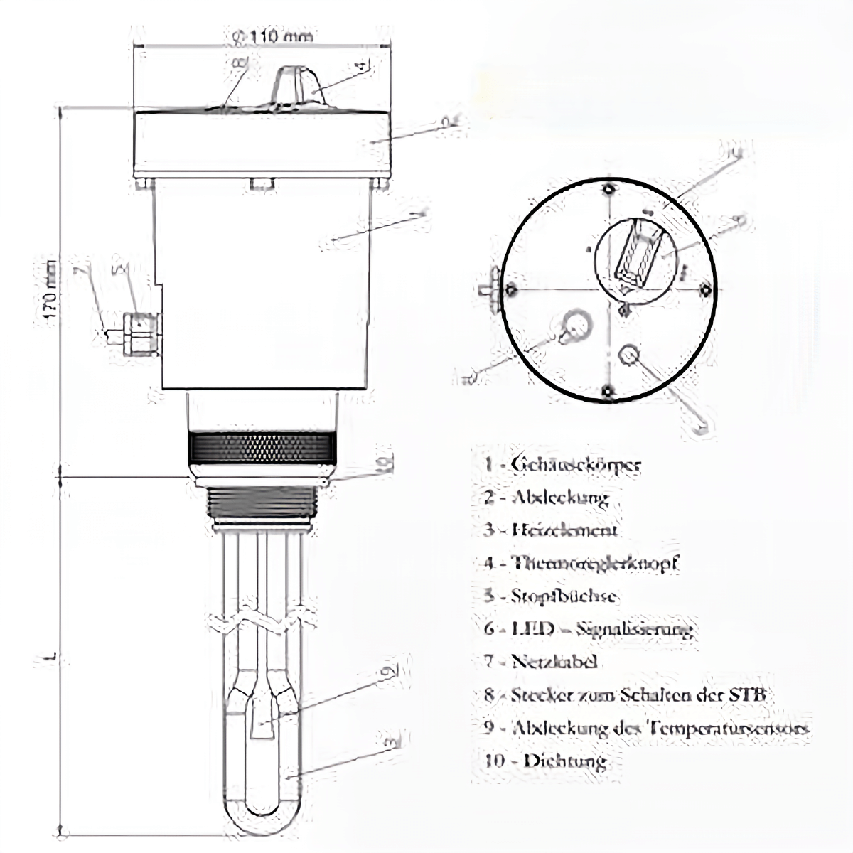 🔧 Technische Zeichnung der Heizpatrone mit Maßen und Steuerungskomponenten. Ideal für Heiz- und PV-Anlagen. ⚡