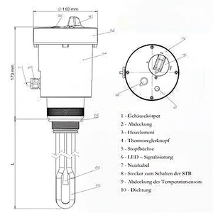 🔧 Technische Zeichnung der Heizpatrone mit Maßen und Steuerungskomponenten. Ideal für Heiz- und PV-Anlagen. ⚡