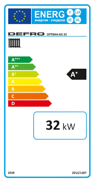Energy efficiency label für Defro Optima HG 32 Holzvergaserkessel, der brennstoffs ermöglichen, holzvergaser verfügen