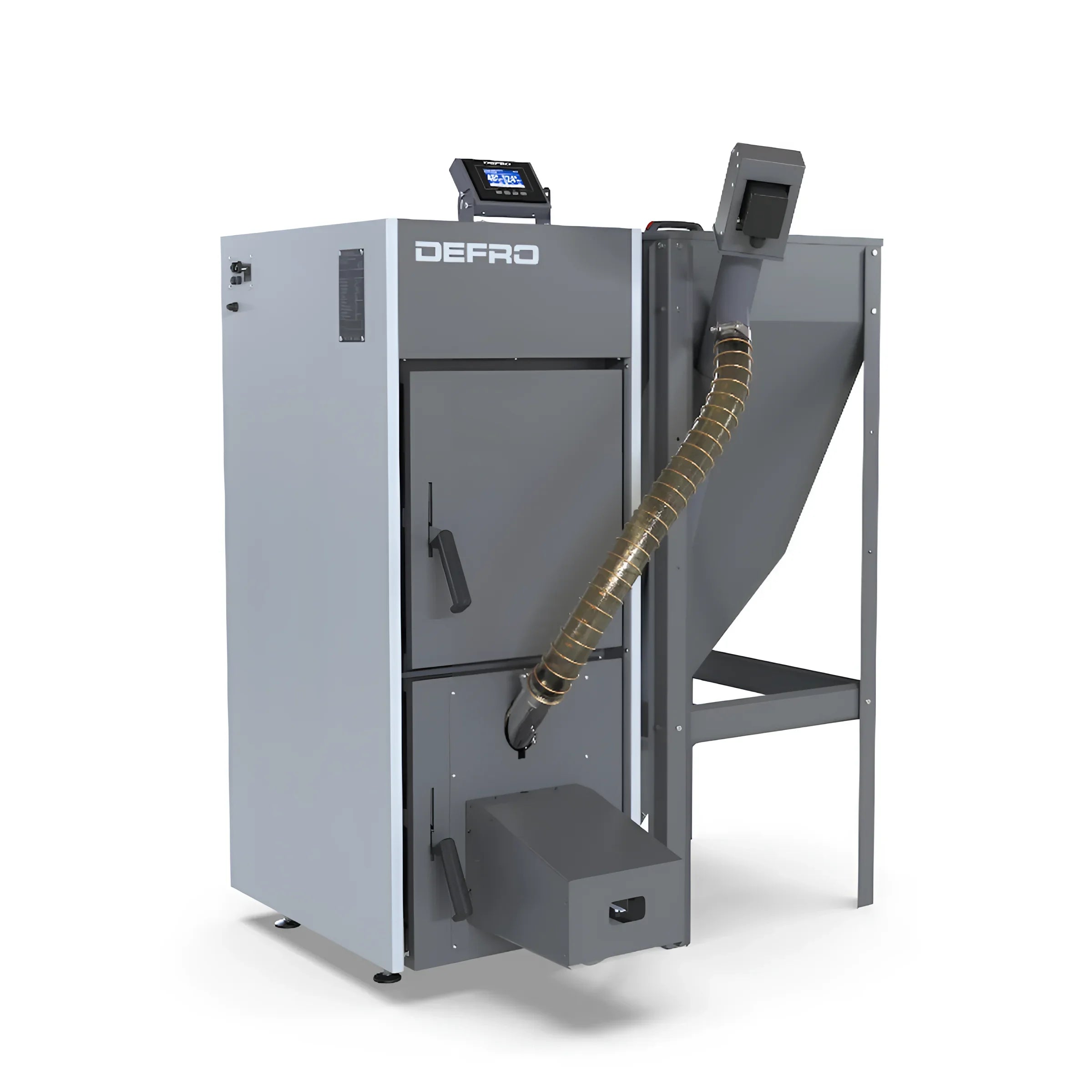 Grauer und weißer Pelletkessel NEXTPELL+ 16 kW mit Speicher, technische Daten boilers