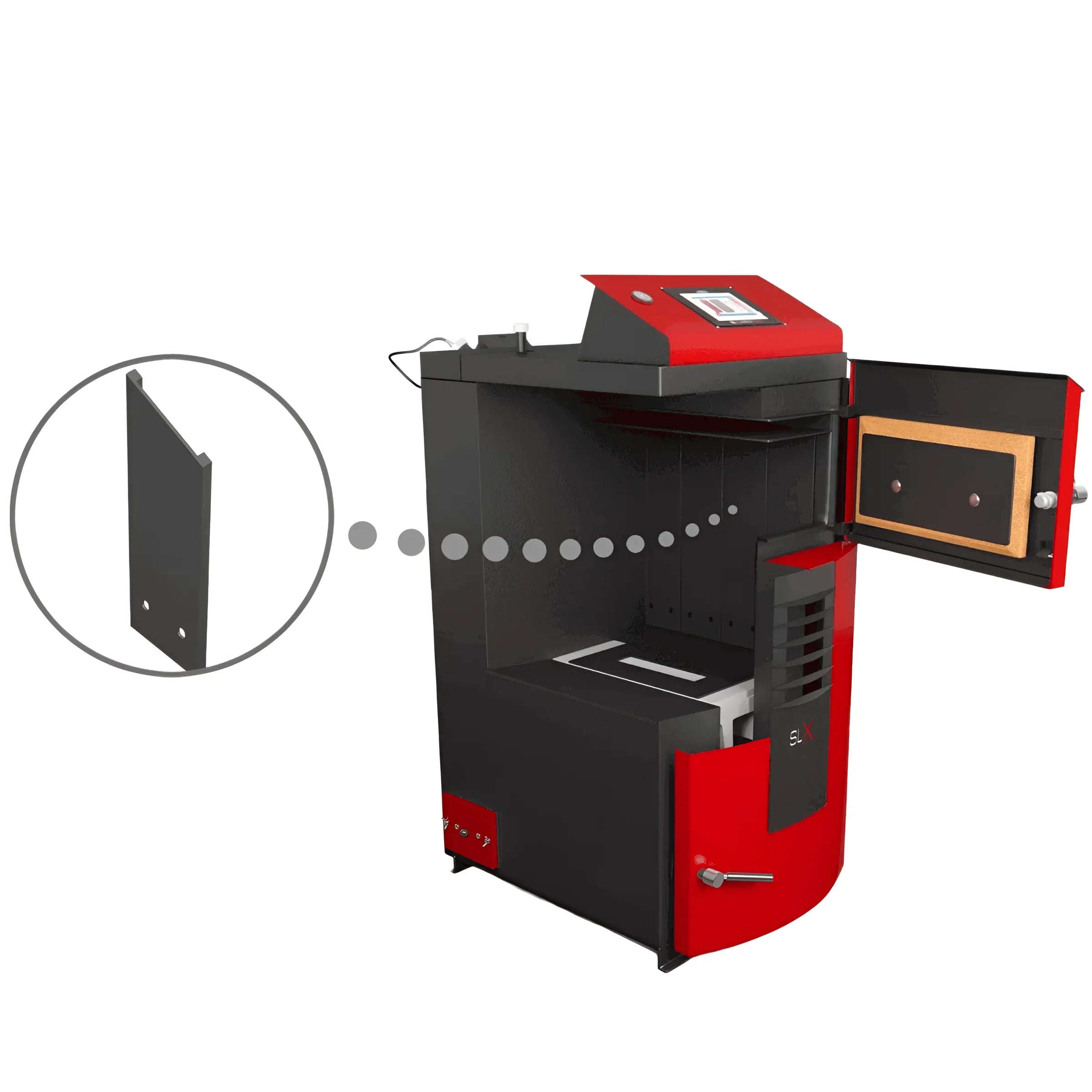 Roter und schwarzer Holzvergaser Attack SLX Lambda Touch 20 kW mit offenem Tür