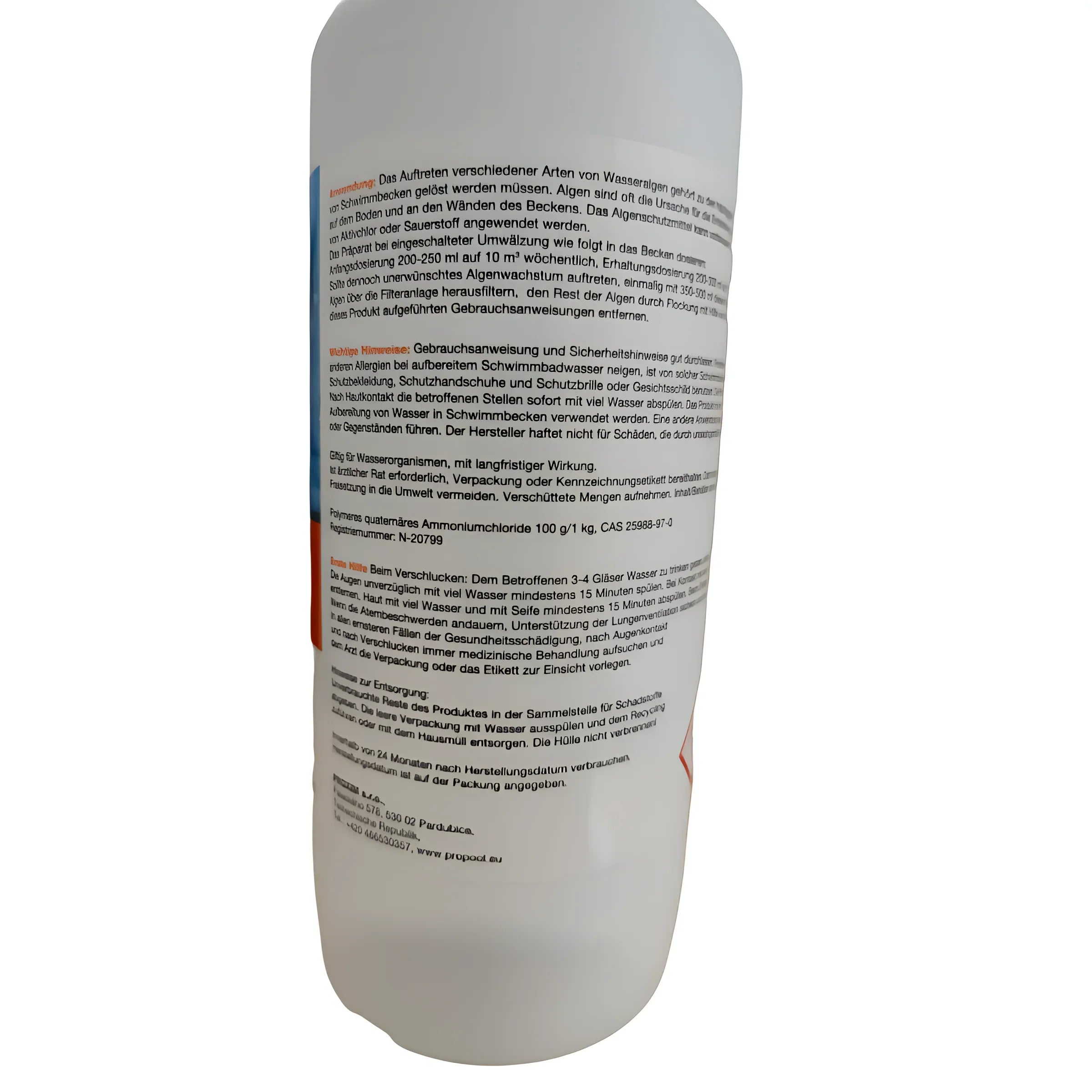 Weiße Flasche mit Produktinformationen für Algenschutzmittel flüssig, effektiver Schutz für Boiler und Boiler-Zubehör
