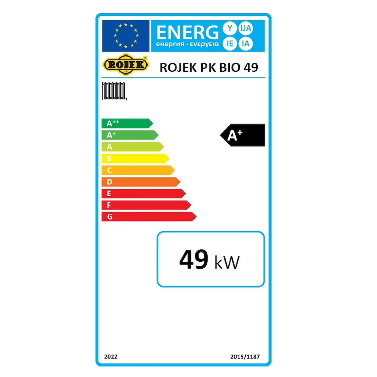 Energieeffizienzlabel auf Holzvergaserkessel ROJEK PK BIO 50 kW für nachhaltige Wärme