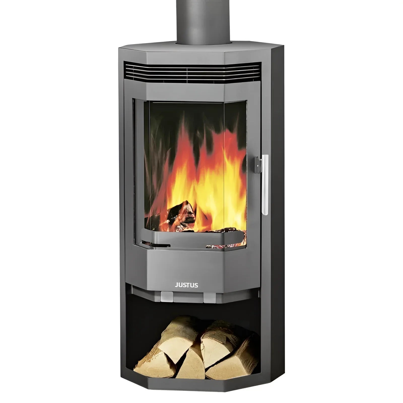Burning wood stove with storage for Justus Usedom featuring externe Zuluft and 1px solid design