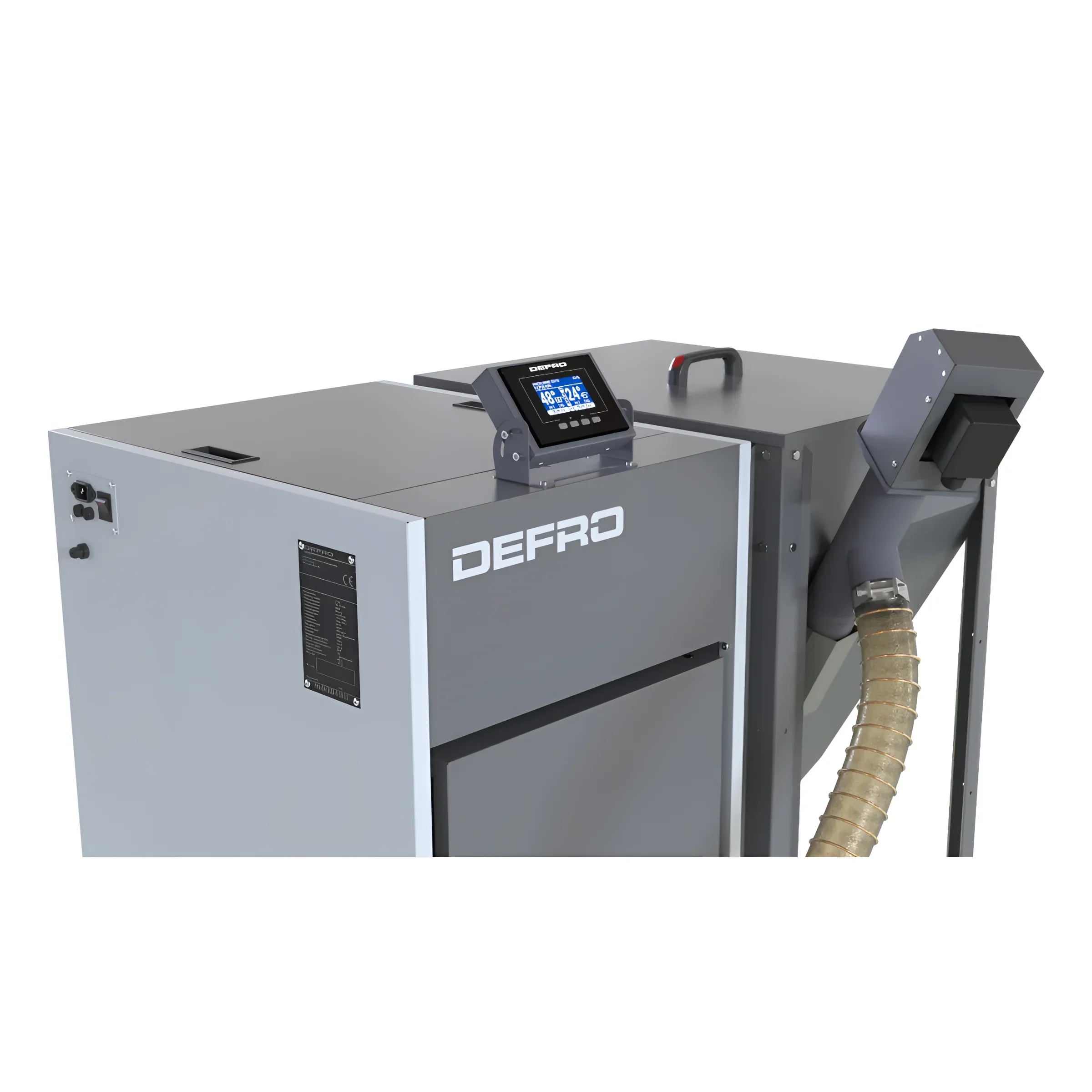 Graue weiße Pelletkessel NEXTPELL+ 20 kW mit digitalem Display und flexibler Schlauch