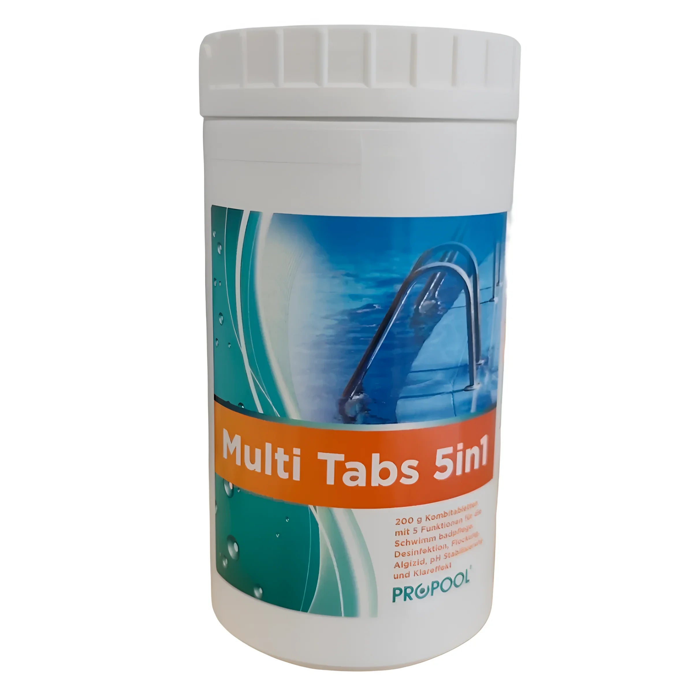 Weiße Behälter mit Pool-Reinigungstabletten für 5-Phasen Pflege inklusive Multi Tabs 200g