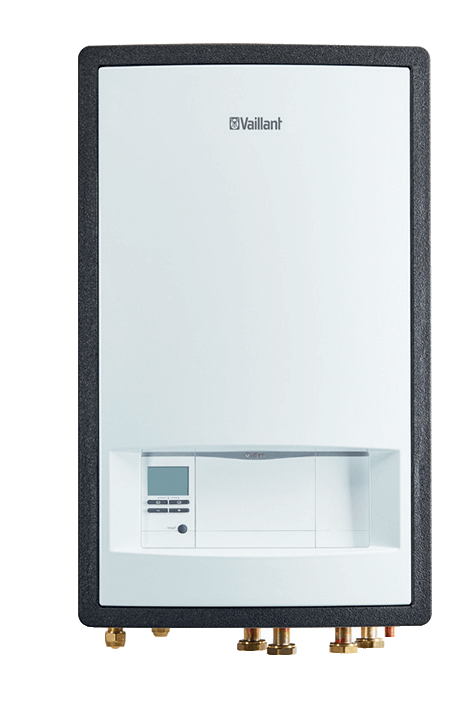 Weiße und graue wandmontierte Wärmepumpe plus klima arotherm split mit Vaillant Hydraulikstation VWL