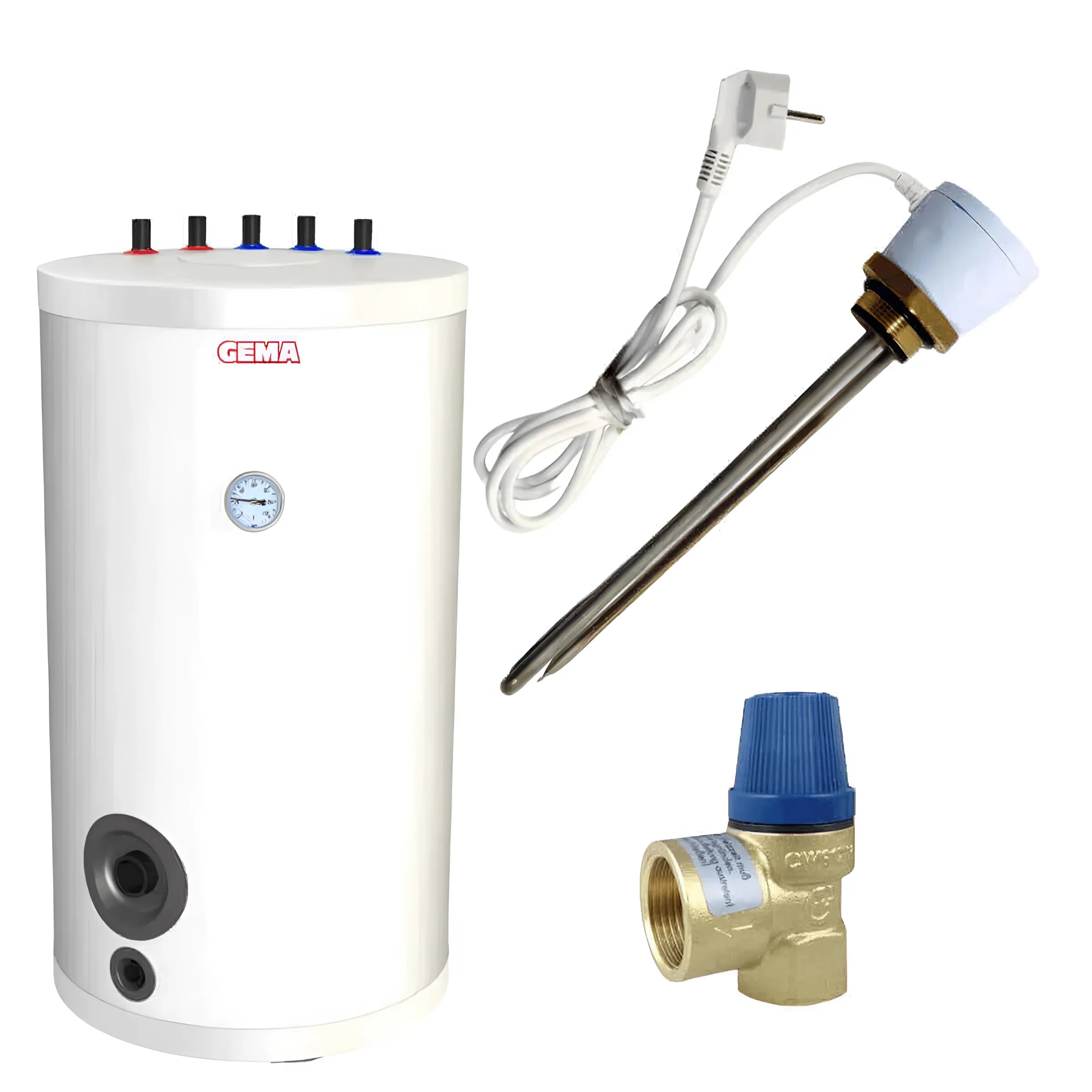 Weißer Brauchwasserspeicher mit Zubehör, inklusive Incoloy Heizelement und Anschluss vorlauf