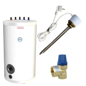 Weißer Brauchwasserspeicher mit Zubehör, inklusive Incoloy Heizelement und Anschluss vorlauf